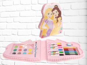 Valigetta Princess contenente 6 pennarelli 6 pastelli 1 temperamatite 12 acquarelli 1 pennello e una tavolozza
