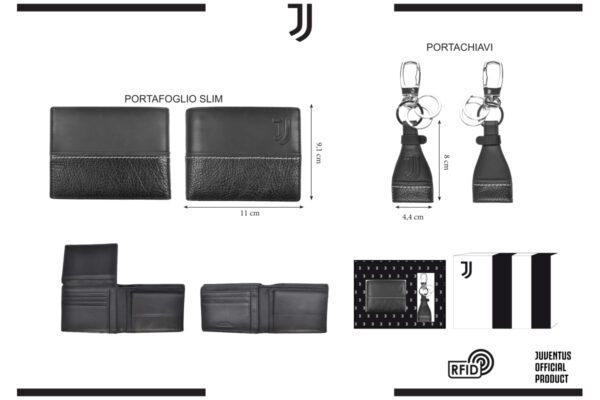 Parure portafoglio slim e portachiavi 100% pelle Juventus