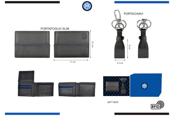 Parure portafoglio slim e portachiavi 100% pelle Inter